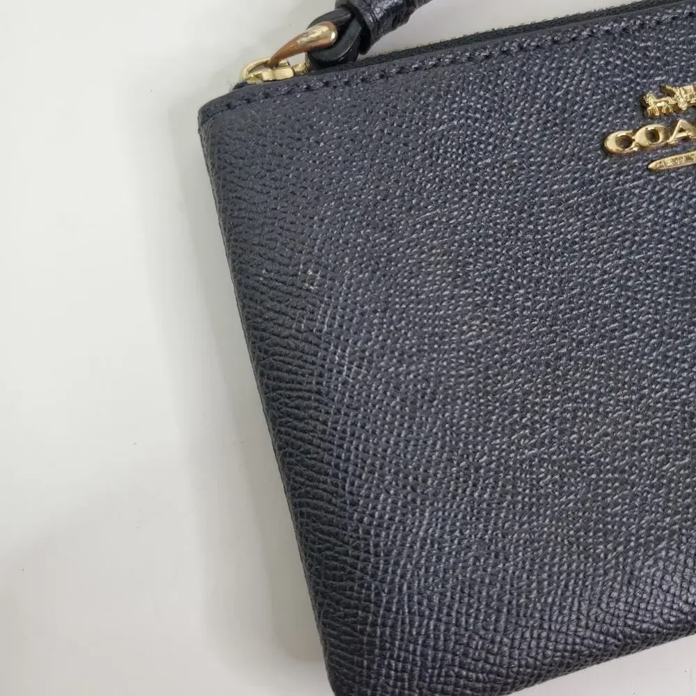 Coach Corner Zip Crossgrain Leather Wristlet Blue corner zip small wristlet